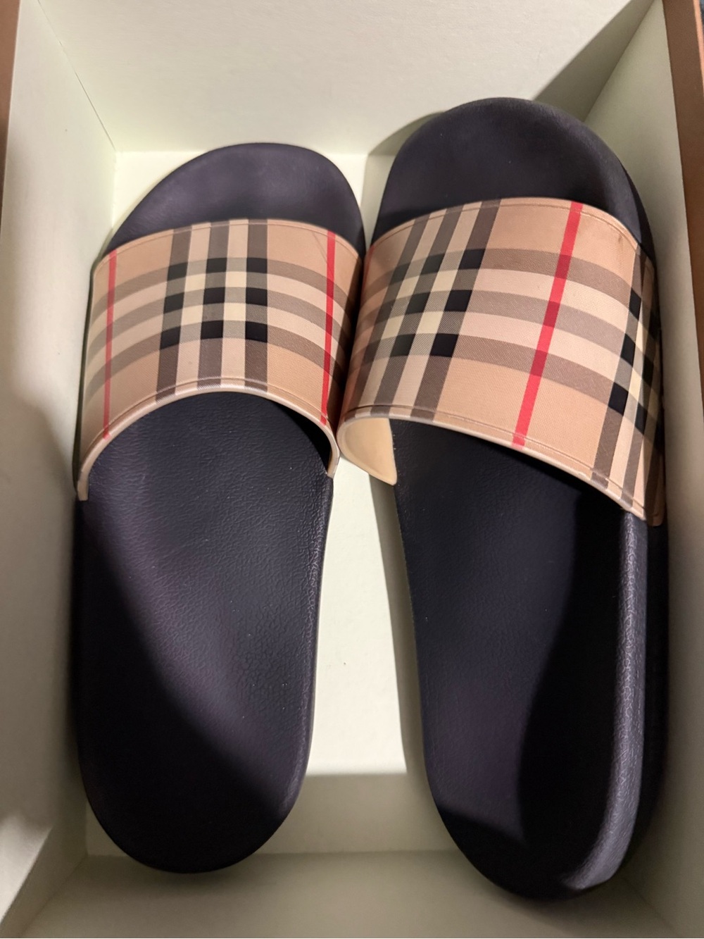 Burberry Beige Plaid Slide Sandals with Black Footbed